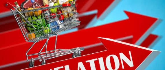 Inflation, growth of market basket or consumer price index concept. Shopping basket with foods on arrow. 3d illustration