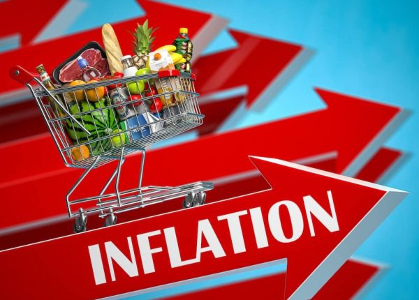 Inflation, growth of market basket or consumer price index concept. Shopping basket with foods on arrow. 3d illustration